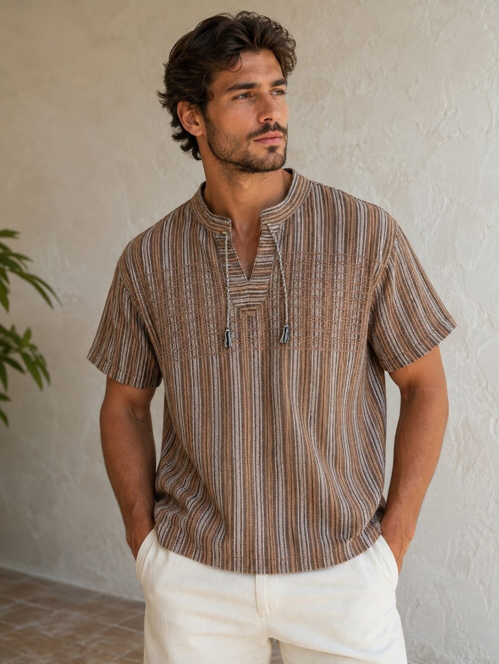 EUC•Men's Handwoven Striped Baja Pullover Shirt V-Neckline Tie Neck Tassel Boho